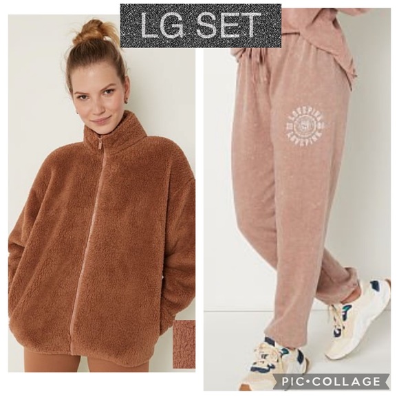 Vs pink lounge classic pant stucco beige teddy full zip jacket - Picture 1 of 12